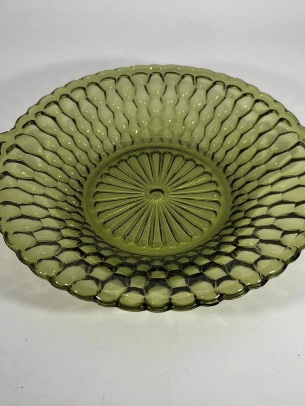 Vintage Green Glass Candy Bowl Dish with Double Handle Honeycomb Pattern